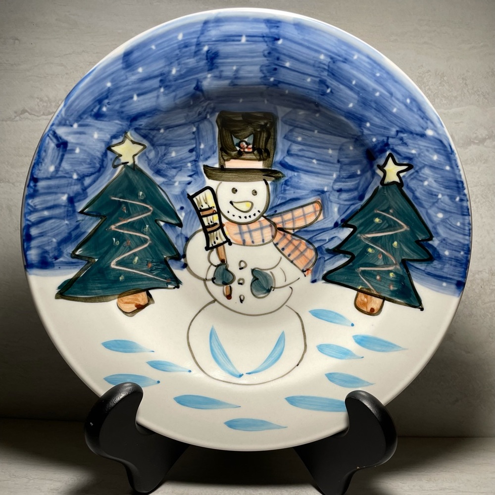 Tabletops Unlimited Holiday Season Snowman Tree Decorative Wide Rim Bowl 9" EC.